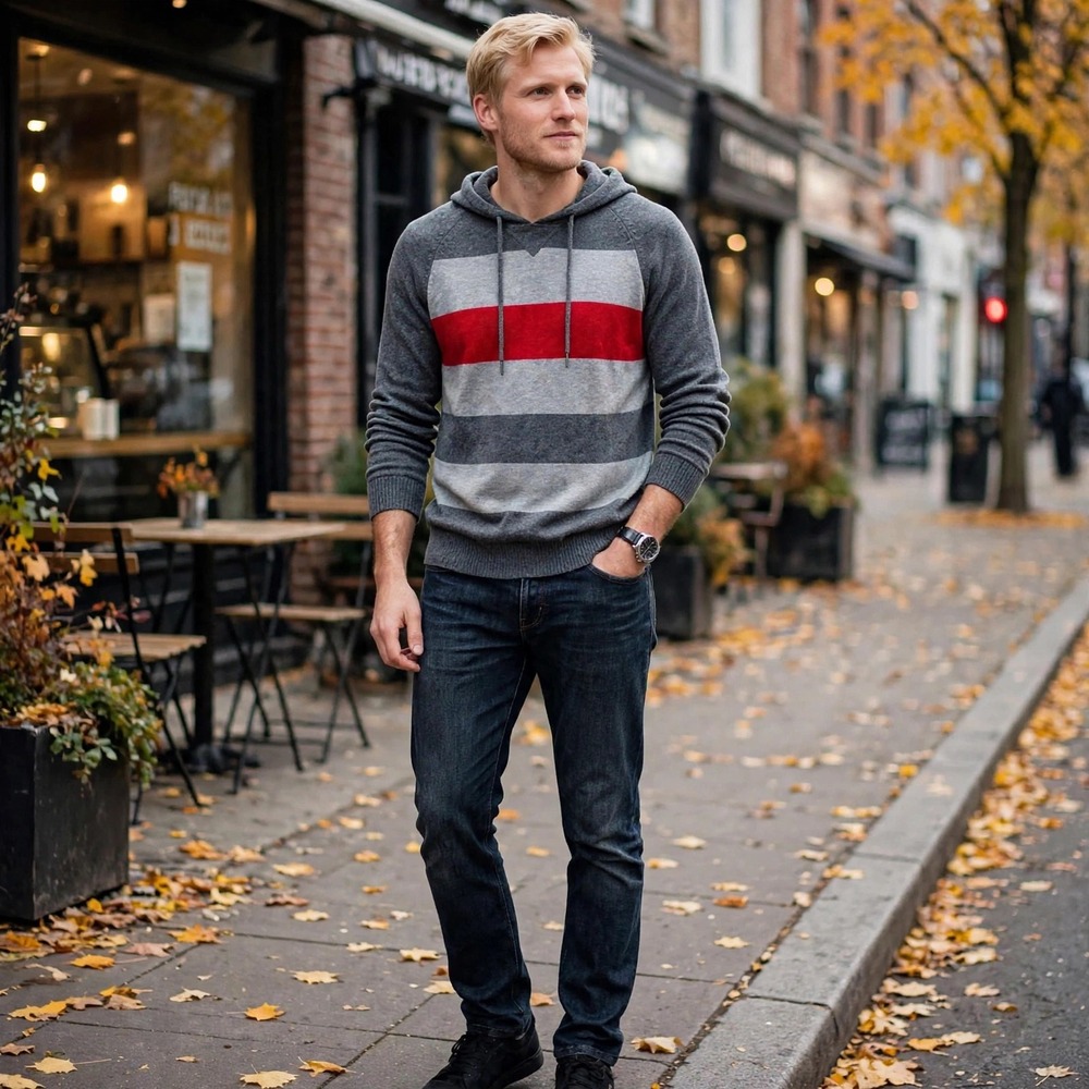 Carbon Men's‎ Medium Knit Hoodie Pullover Gray Red Stripe Casual Sweater